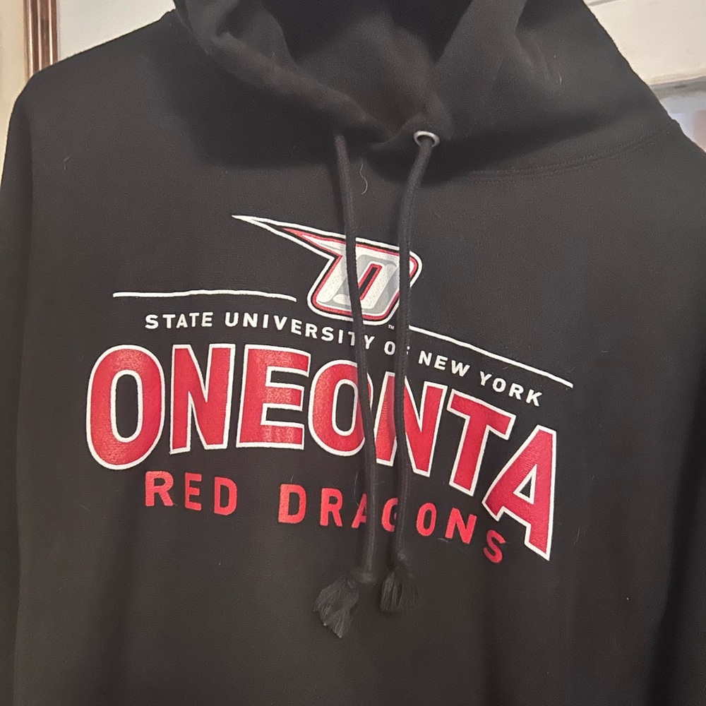 VTG Champion Black Collegiate Sweatshirt Hoodie with SUNY Oneonta Red Dragons